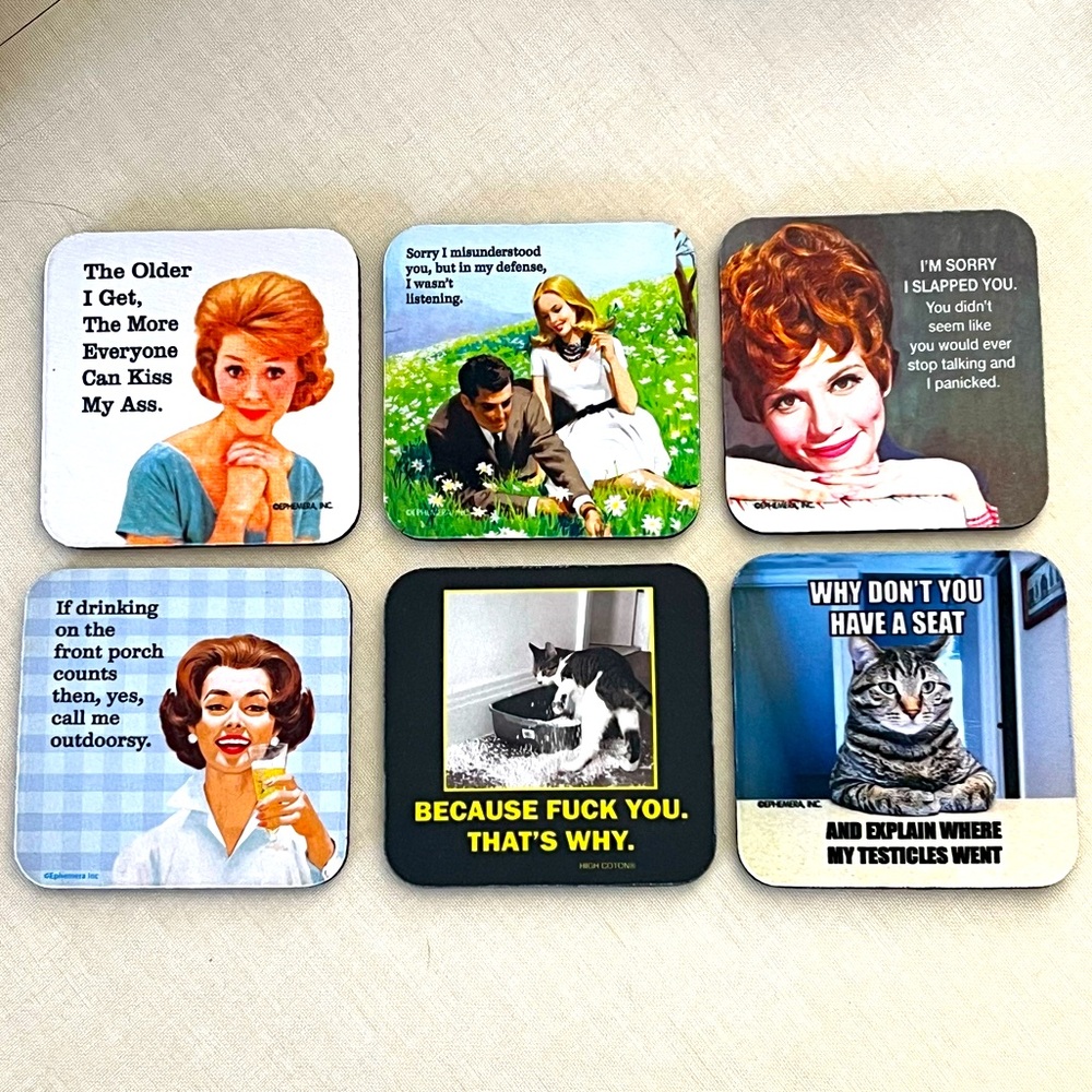 Set of six quirky coasters from High Cotton. Great for gifting!
